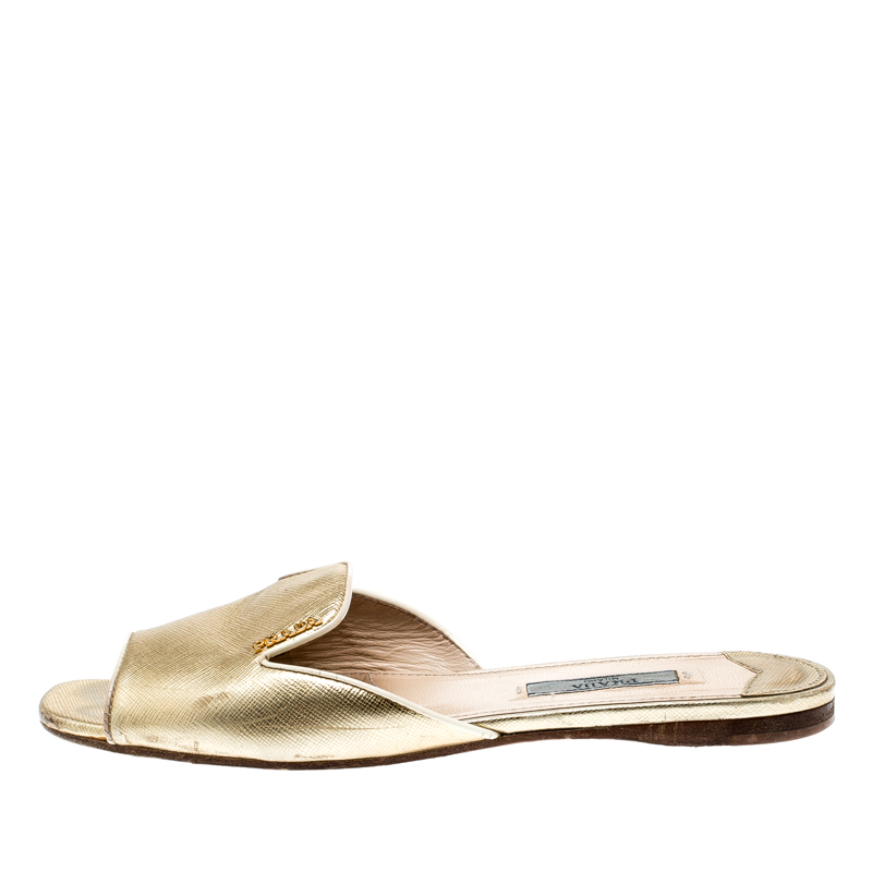 

Prada Metallic Gold Saffiano Leather Flat Slides Size