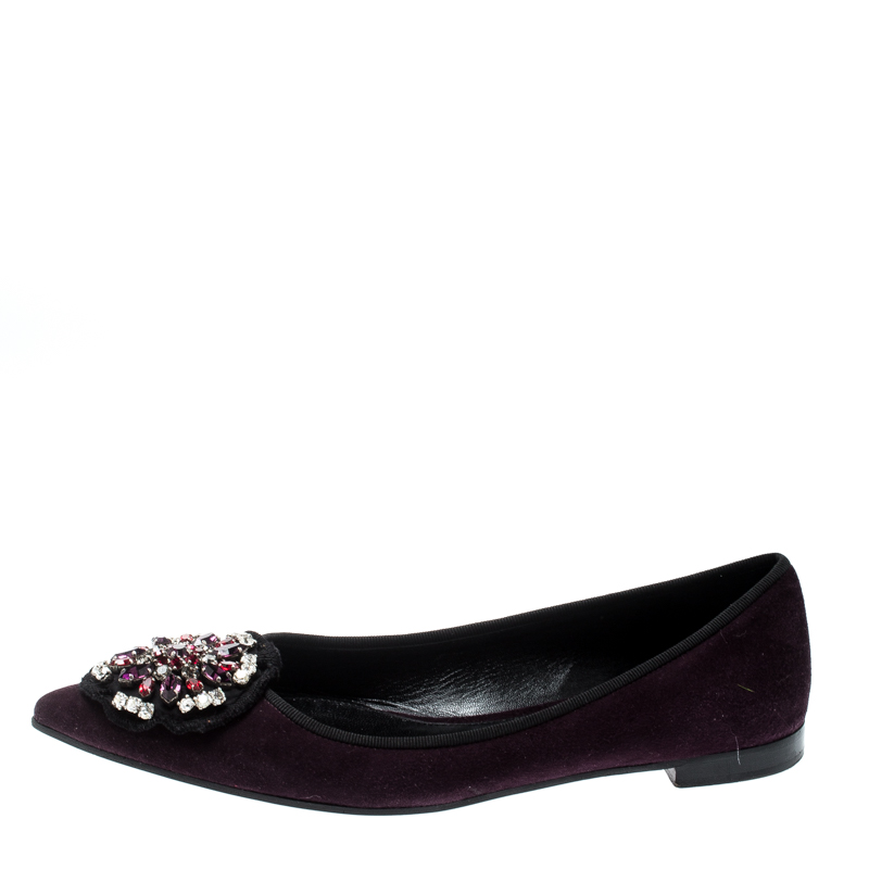 

Prada Purple Crystal Embellished Suede Pointed Toe Flats Size