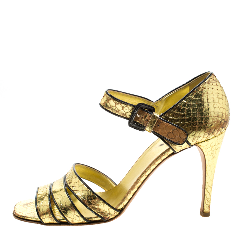 

Prada Metallic Gold Python Embossed Leather Ankle Strap Sandals