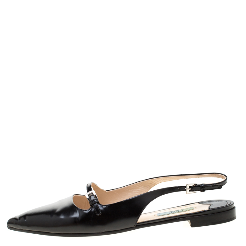 

Prada Black Leather Spazzoalto Slingback Pointed Toe Flats Sandals Size