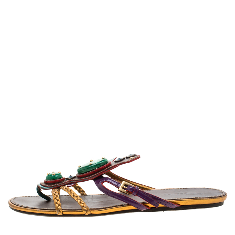 

Prada Multicolor Leather And Patent Leather Embellished Flat Sandals Size