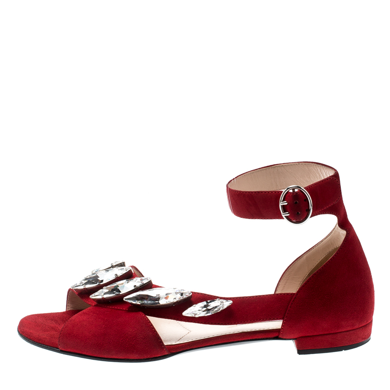 

Prada Red Suede Crystal Embellished Ankle Strap Flat Sandals Size