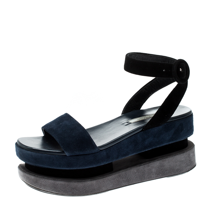 Pre Owned  Prada TriColor Suede Merlot And Poppy Dual Platform Ankle Strap Sandals Size 37