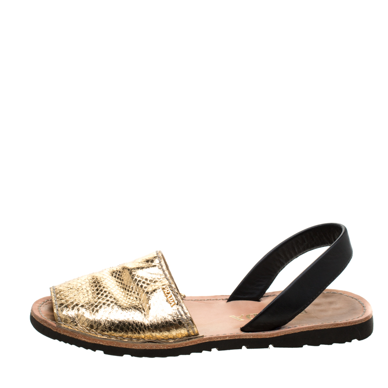 

Prada Metallic Gold/Black Python Embossed Leather Flat Slingback Sandals Size