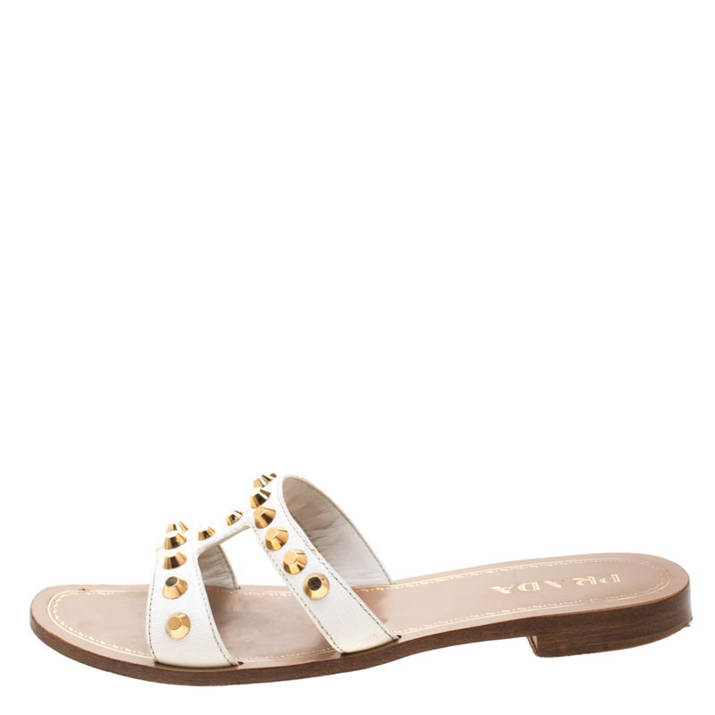 

Prada White Saffiano Leather Stud Embellished Flat Slides Size