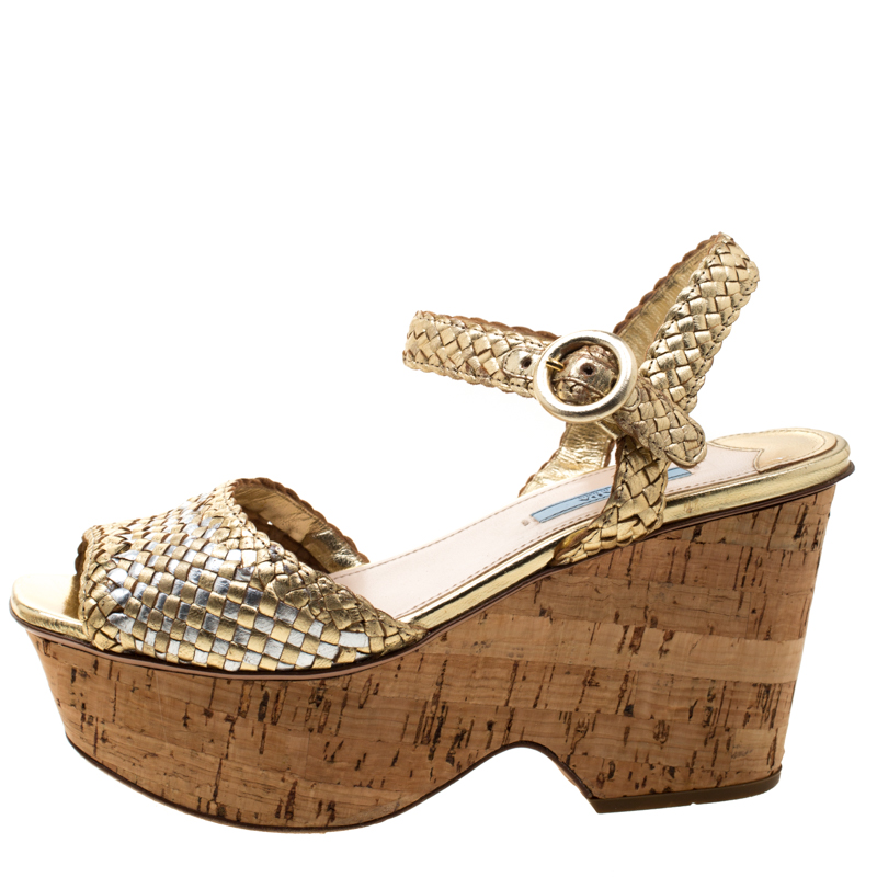 

Prada Metallic Gold/Silver Woven Leather Cork Wedge Ankle Strap Platform Sandals Size
