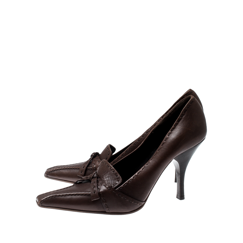 Pre-owned Prada Brown Leather Top Stitch Pointed Toe Pumps Size 36.5