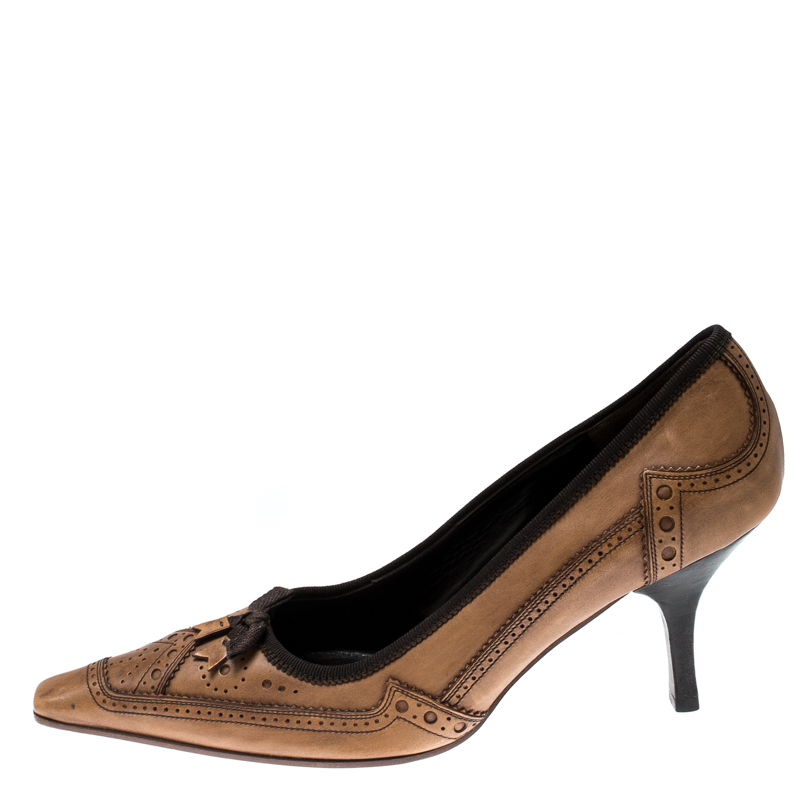 

Prada Brown Brogue Leather Pointed Toe Pumps Size