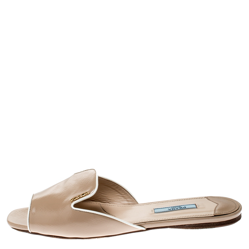 

Prada Beige Saffiano Leather Slip On Slides Size