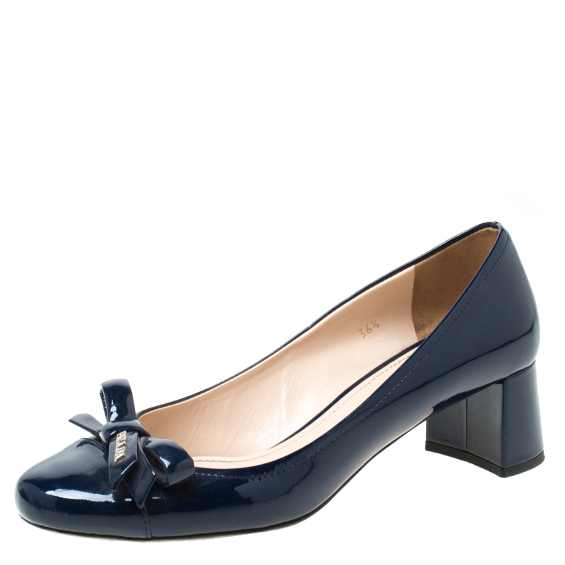 Pre Owned Prada Navy Blue Patent Leather Bow Detail Block Heels Pumps Size 36.5