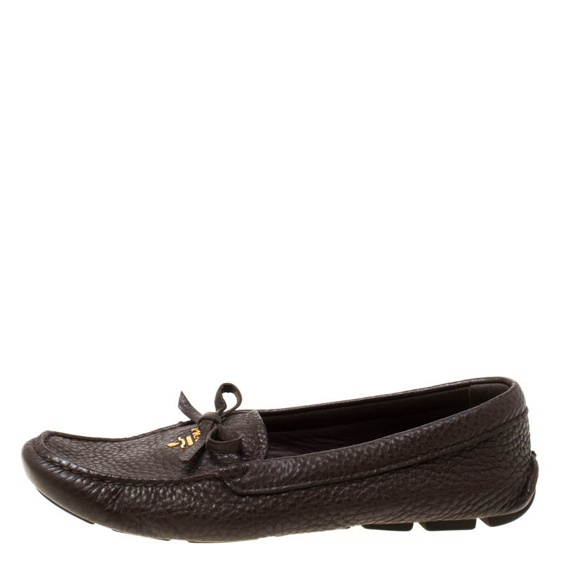 

Prada Brown Leather Bow Slip On Loafers Size