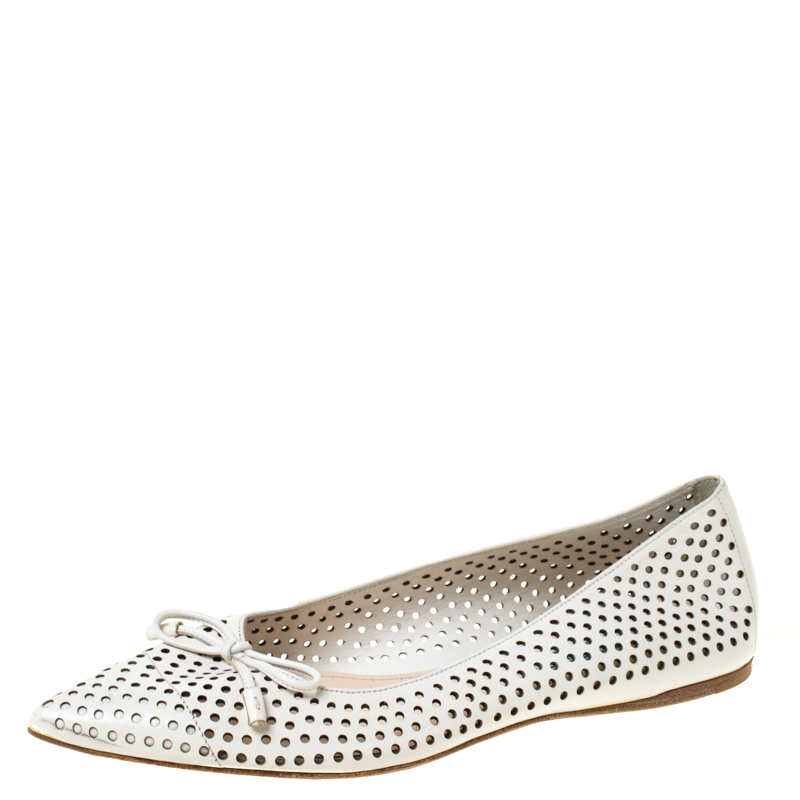 Prada White Perforated Leather Bow Pointed Toe Ballet Flats Size 37.5