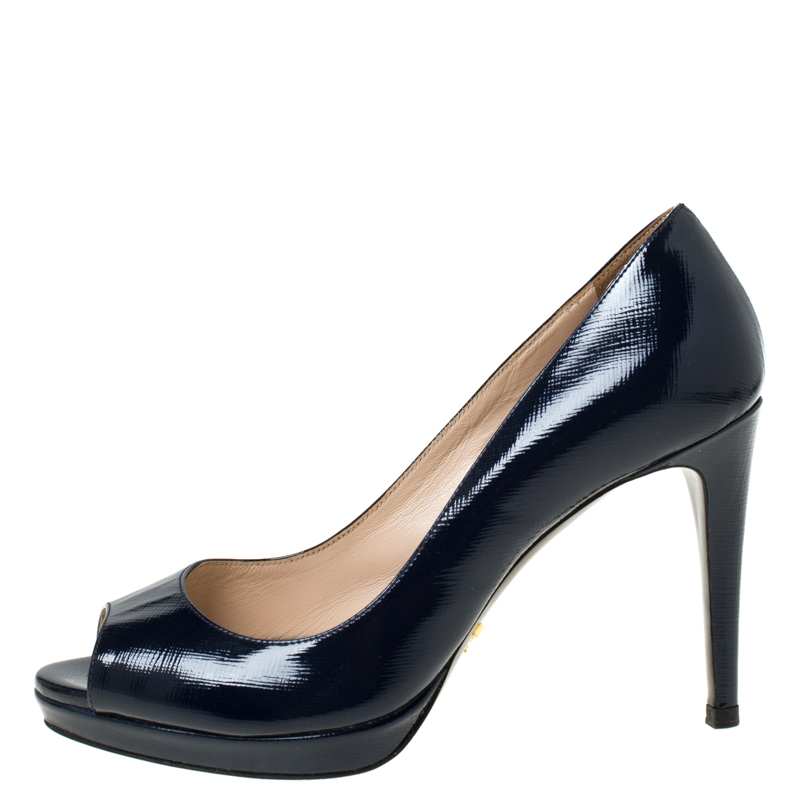 

Prada Navy Blue Patent Leather Peep Toe Platform Pumps Size