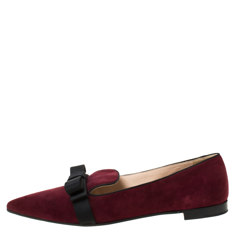 

Prada Burgundy/Black Suede Bow Pointed Toe Flats Size