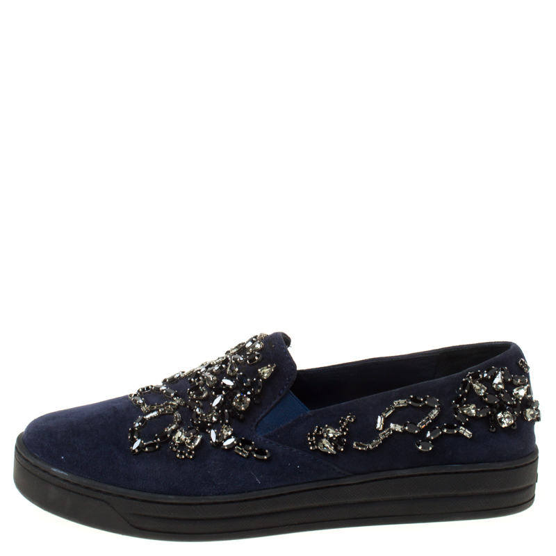 

Prada Navy Blue Crystal Embellished Slip On Sneakers Size