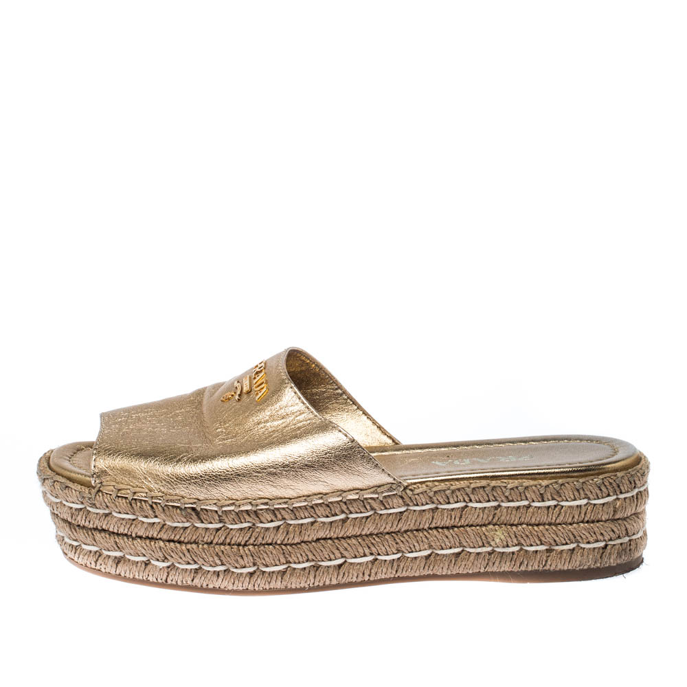 

Prada Gold Metallic Leather Espadrille Platform Slides Size