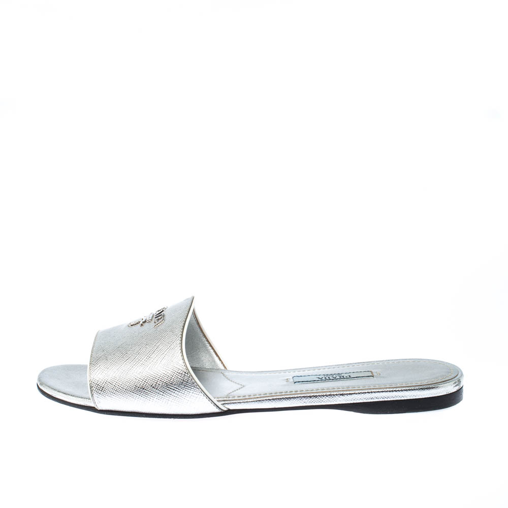 

Prada Silver Saffiano Metal Leather Logo Detail Slide Flats Size