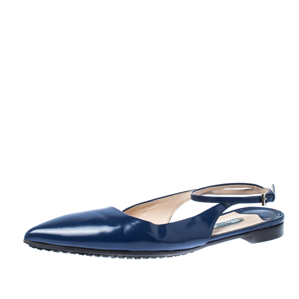 Pre Owned Prada Blue Leather Pointed Toe Ankle Strap Flats Size 37.5