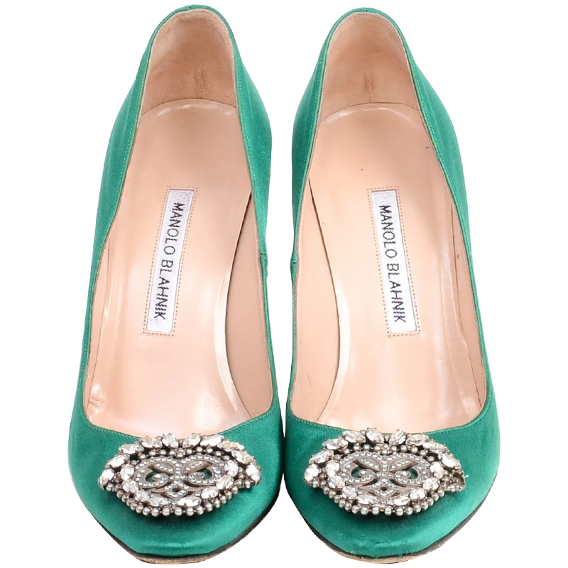 

Manolo Blahnik Green Satin Okkaava Emerald Pumps Size