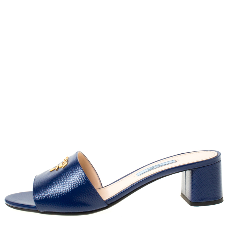 

Prada Blue Patent Saffiano Leather Block Heel Slides Size