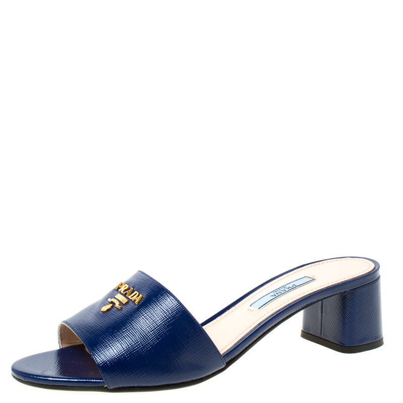Pre Owned Prada Blue Patent Saffiano Leather Block Heel Slides Size 37
