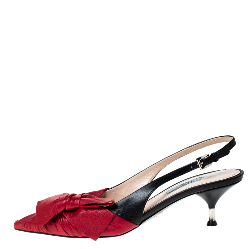 

Prada Red/Black Leather Bow Detail Pointed Toe Slingback Sandals Size