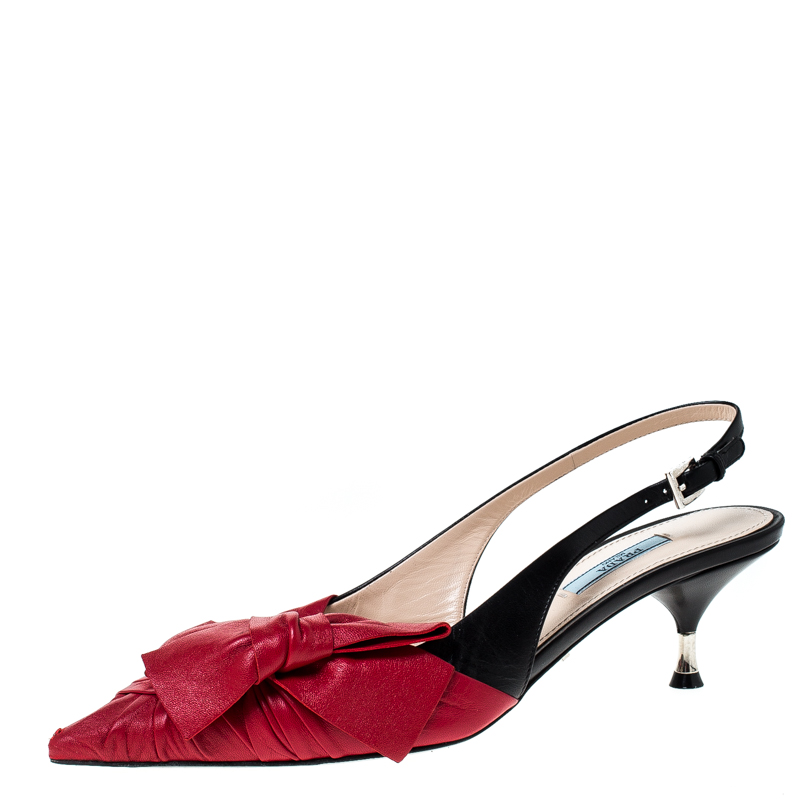 Pre Owned Prada Red/Black Leather Bow Detail Pointed Toe Slingback Sandals Size 39.5