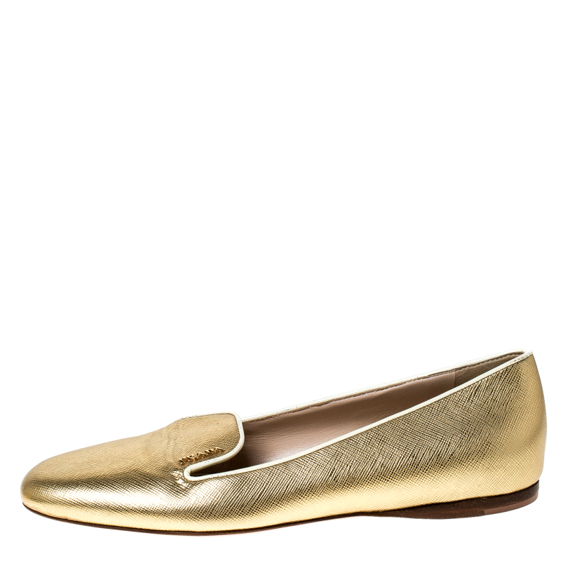 

Prada Metallic Gold Saffiano Leather Smoking Slippers Size