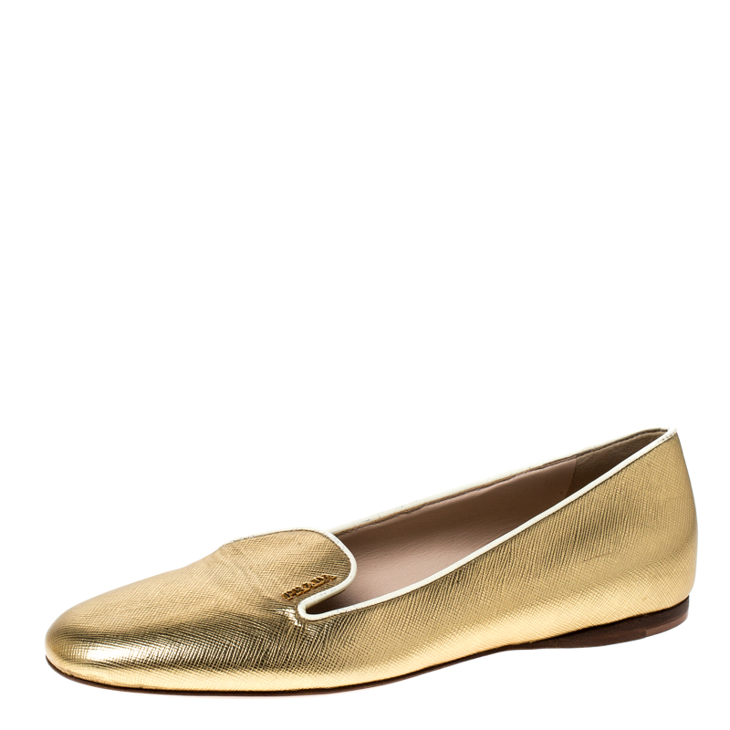 Pre Owned Prada Metallic Gold Saffiano Leather Smoking Slippers Size 36