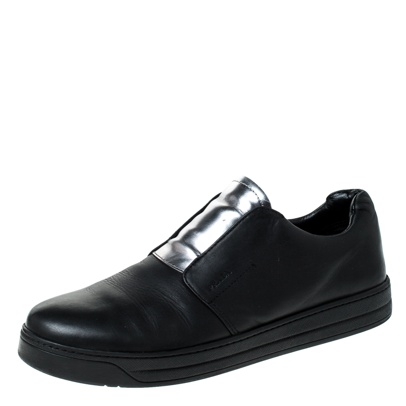 Pre Owned Prada Black/Silver Leather Slip On Sneakers Size 39.5