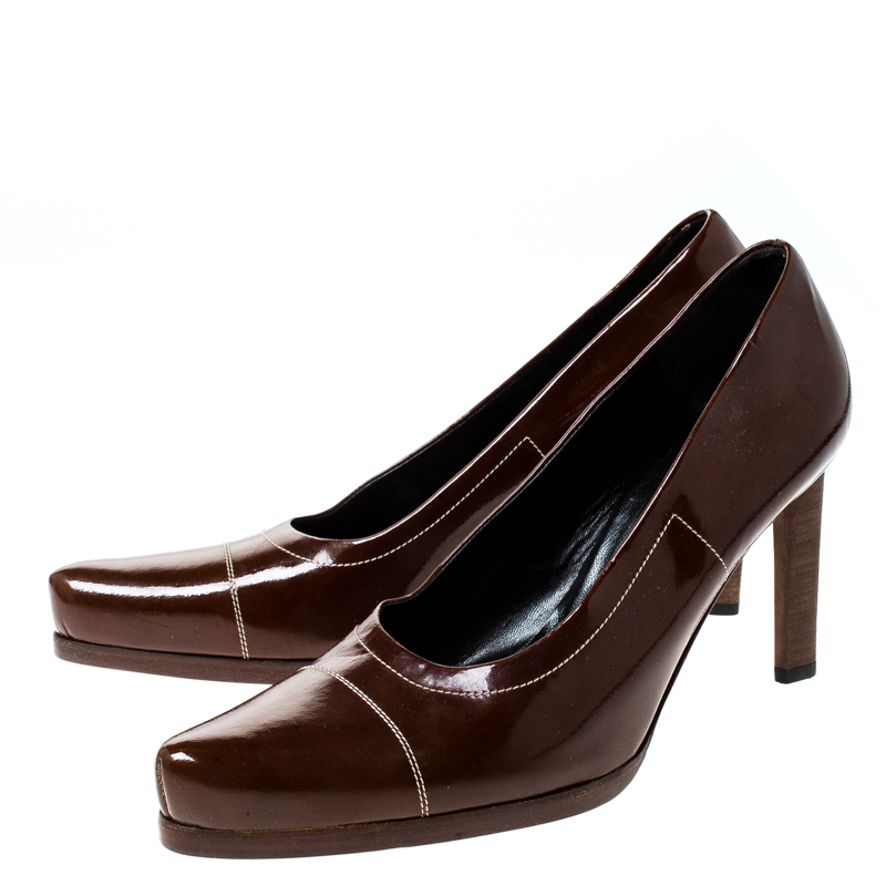 Pre-owned Prada Brown Patent Leather Pointed Toe Pumps Size 38