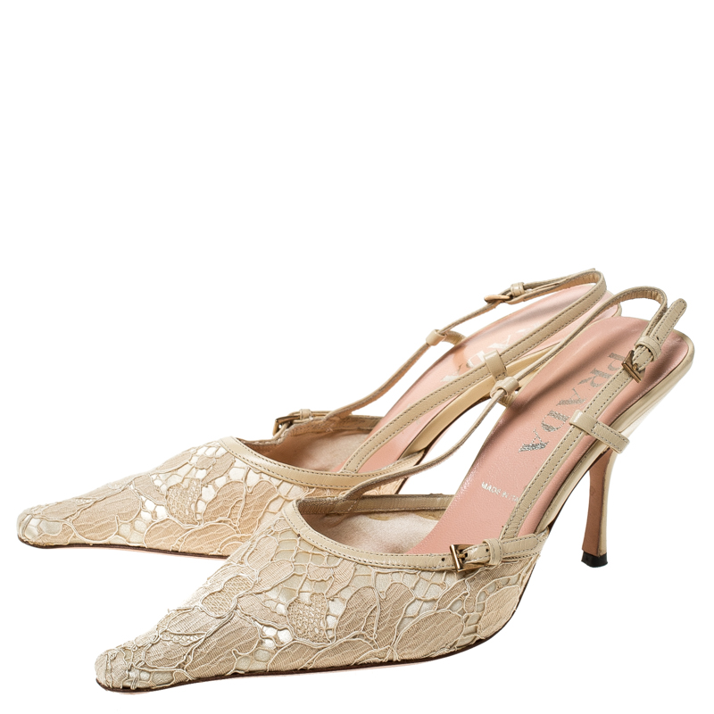 Pre-owned Prada Beige Lace/satin Slingback Pointed Toe Sandals Size 36.5