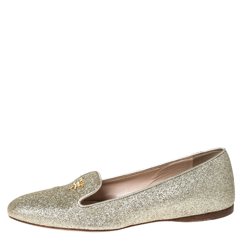 

Prada Gold Glitter Logo Smoking Slippers Size
