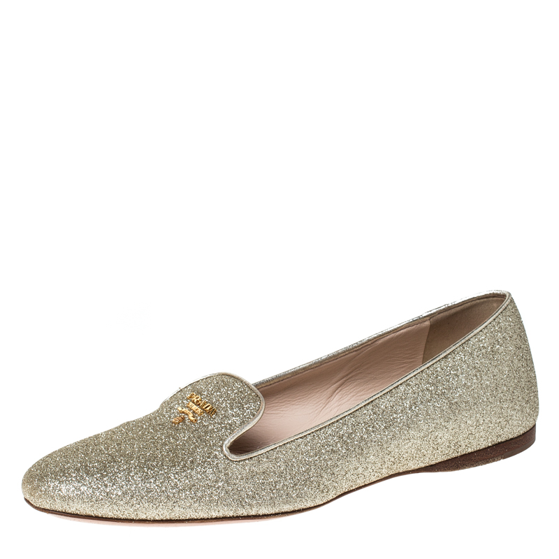 Pre Owned Prada Gold Glitter Logo Smoking Slippers Size 36