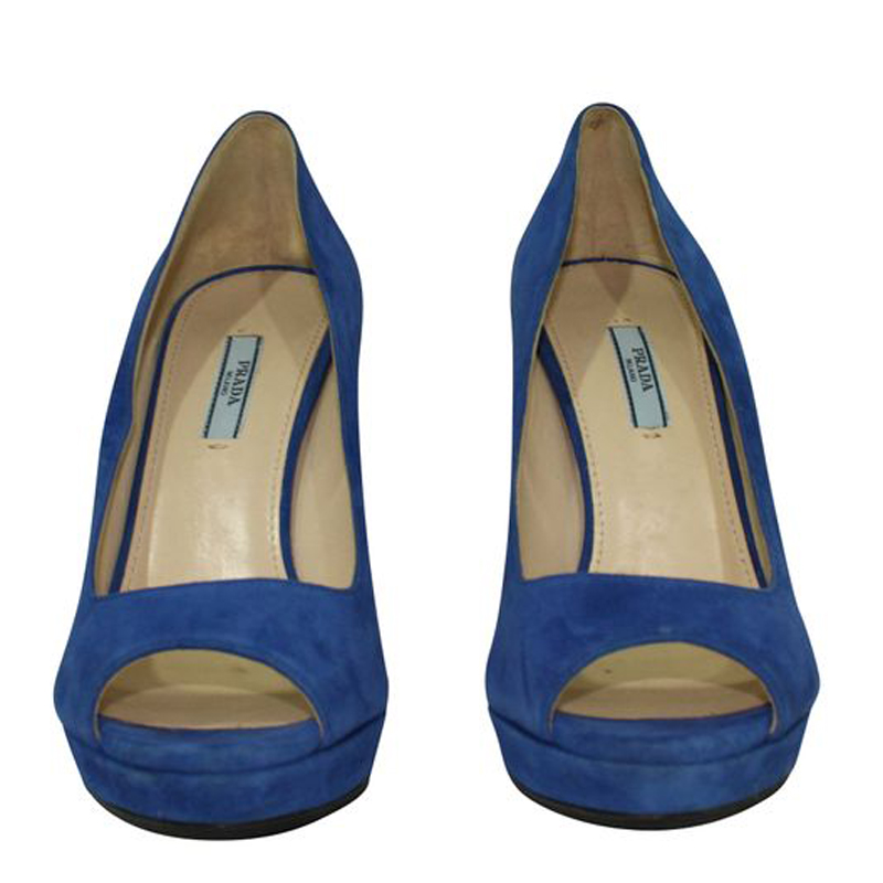 

Prada Blue Suede Classic Peep Toe Pumps Size