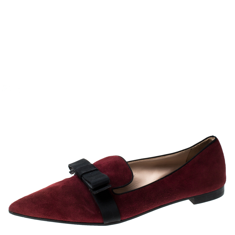 Pre Owned Prada Burgundy Suede Bow Pointed Toe Loafers Size 39.5