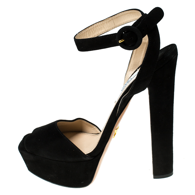 

Prada Black Suede Peep Toe Ankle Strap Platform Sandals Size