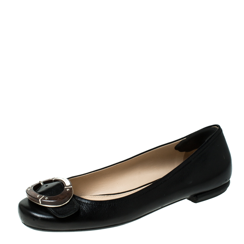 Pre Owned Prada Black Leather Wood Buckle Ballet Flats Size 38