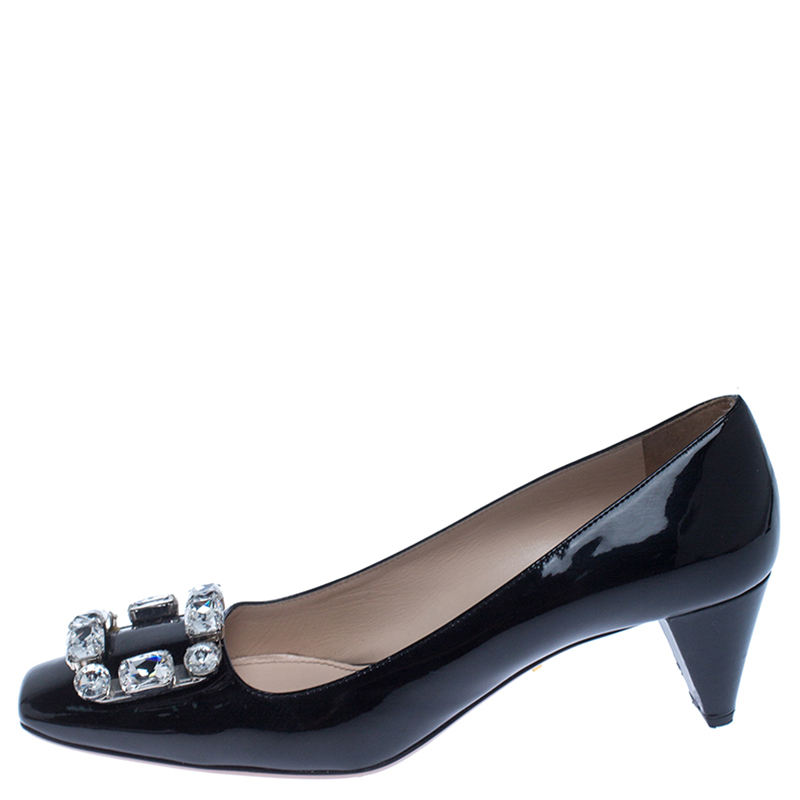 

Prada Black Patent Leather Embellished Square Toe Pumps Size