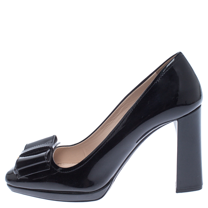 

Prada Black Patent Leather Bow Detail Block Heel Pumps Size