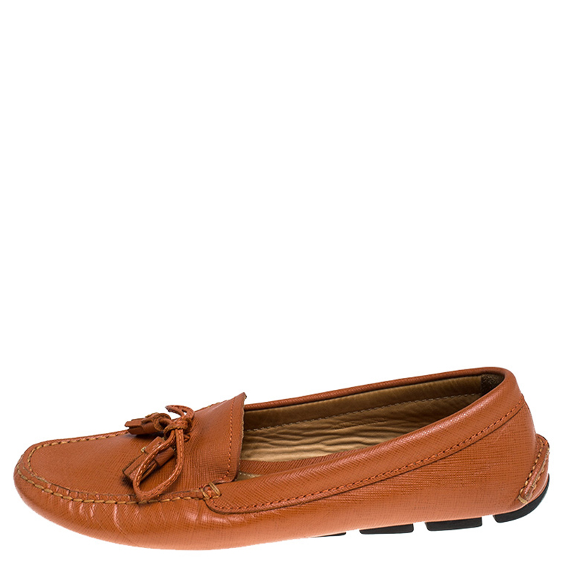 

Prada Orange Saffiano Leather Bow Tassel Loafers Size