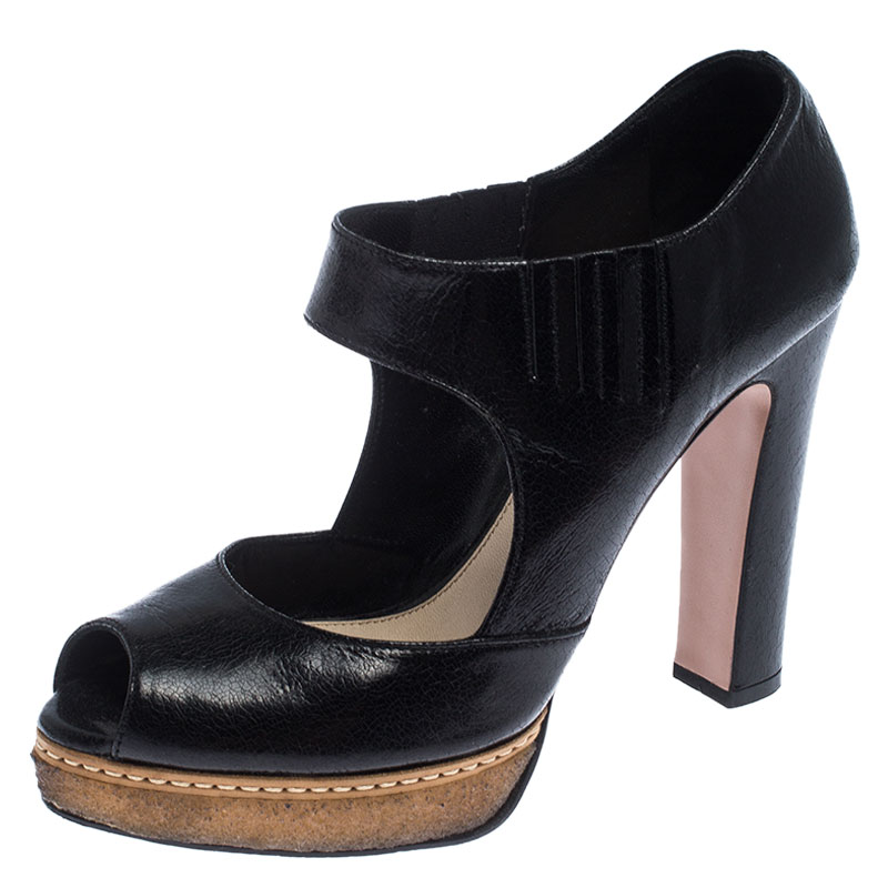 Prada Black Cut Out Leather Elastic Platform Sandals Size 38