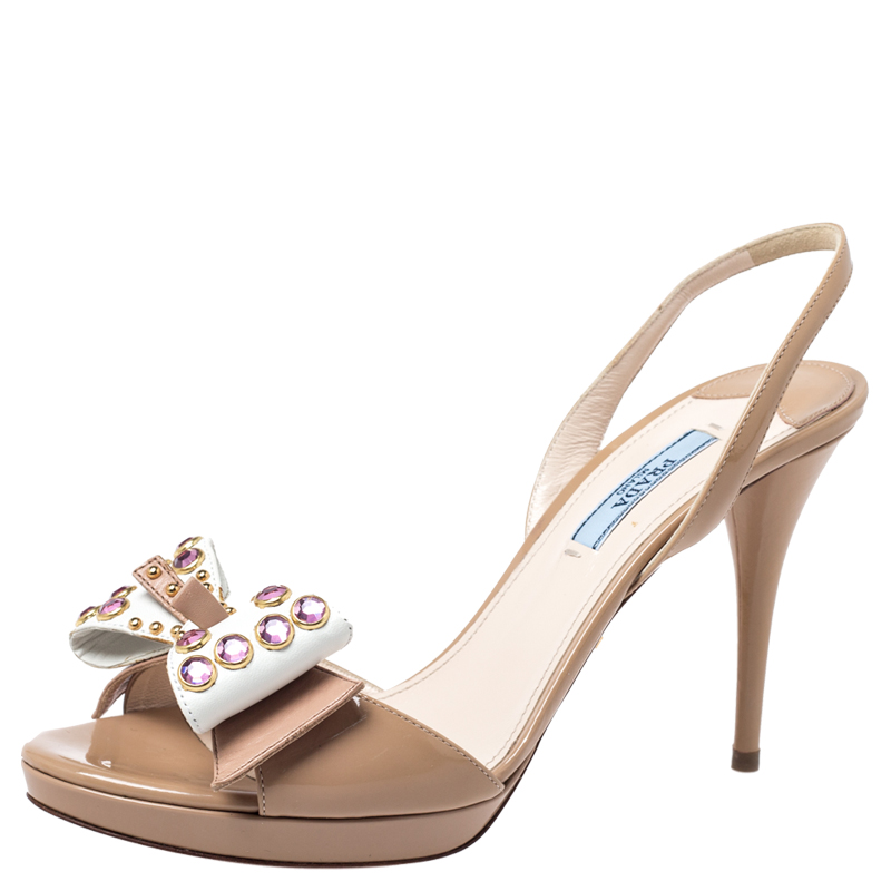 Pre Owned Prada Beige Patent Leather Crystal Studded Bow Slingback Sandals Size 38