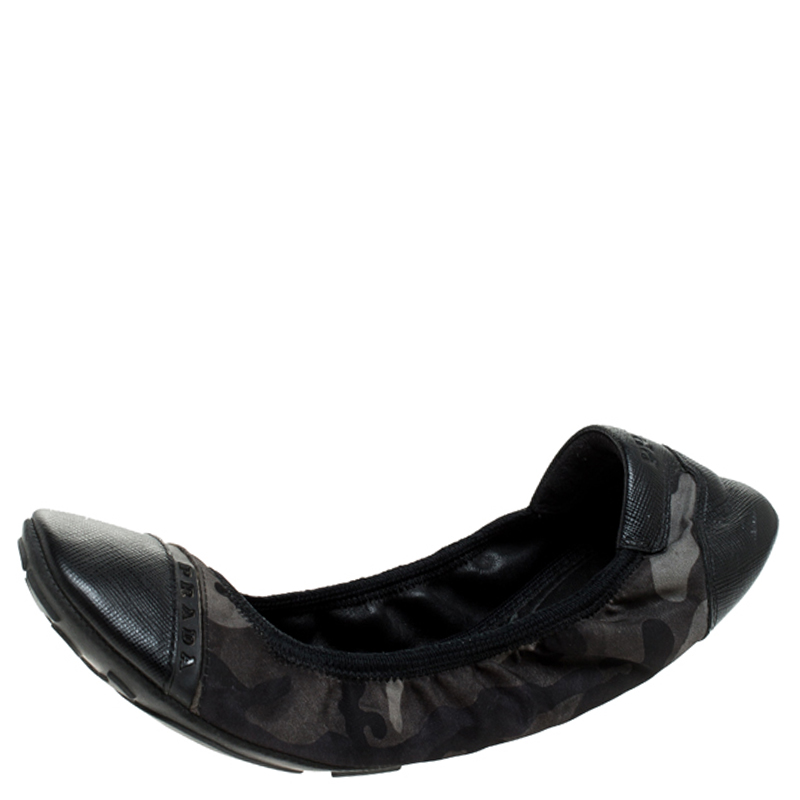 Pre Owned Prada Sport Black Camouflage Nylon and Leather Ballet Flats Size 38
