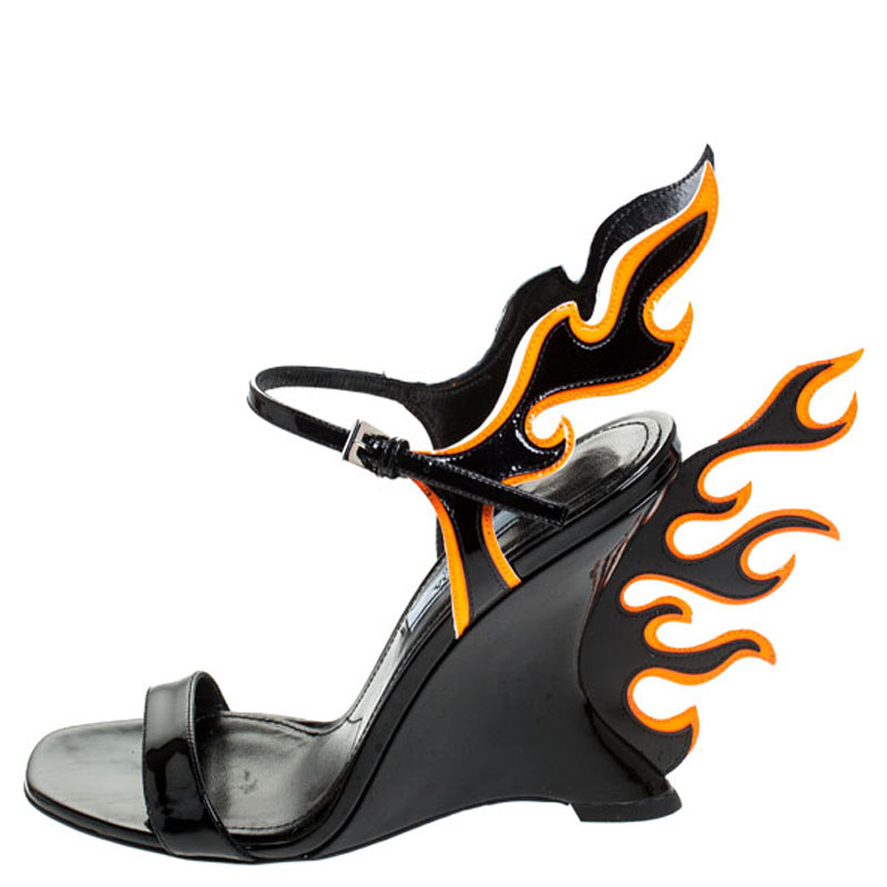 

Prada Black Patent Leather Flame Wedge Sandals Size