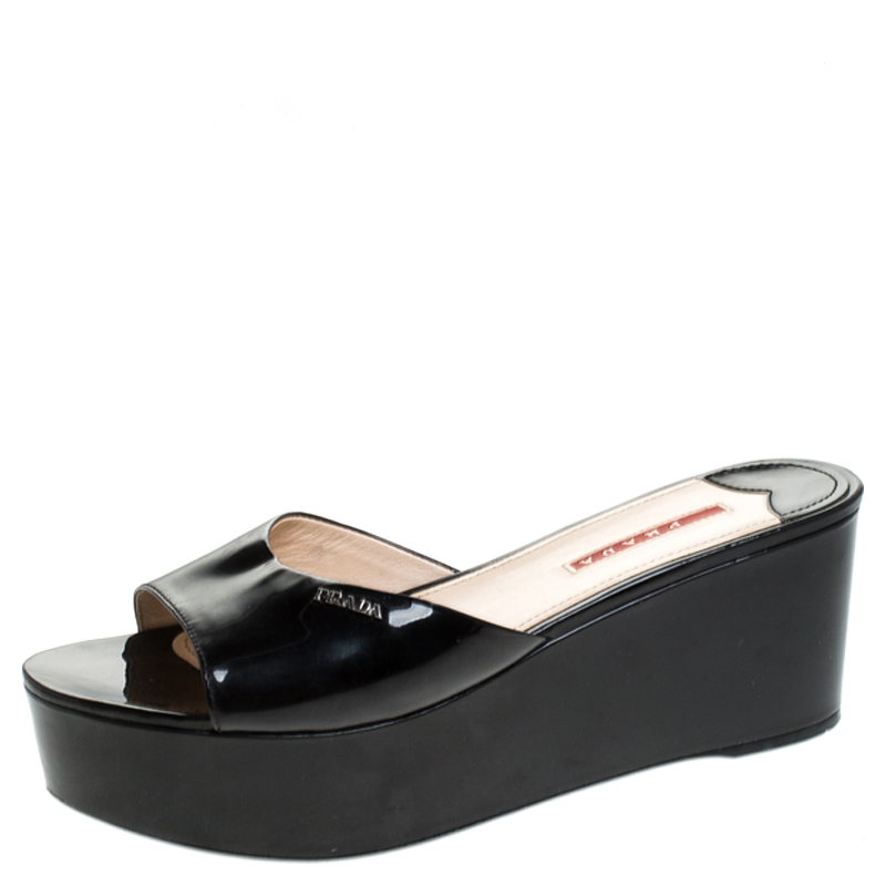 Pre Owned Prada Black Patent Leather Open Toe Platform Sandals Size 39.5
