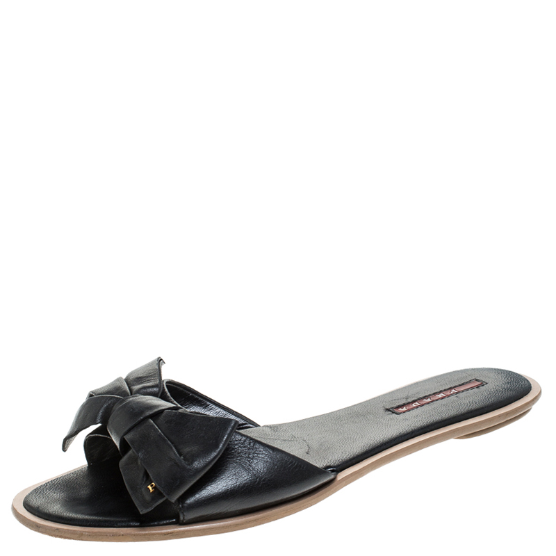 Pre Owned Prada Black Leather Bow Flat Slides Size 39