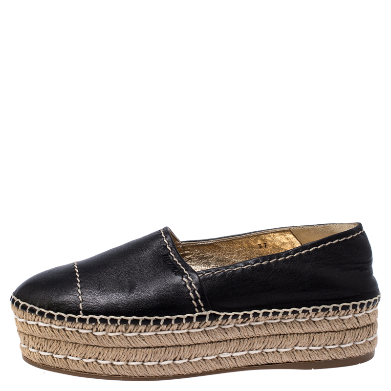

Prada Black Leather Espadrille Platform Loafers Size