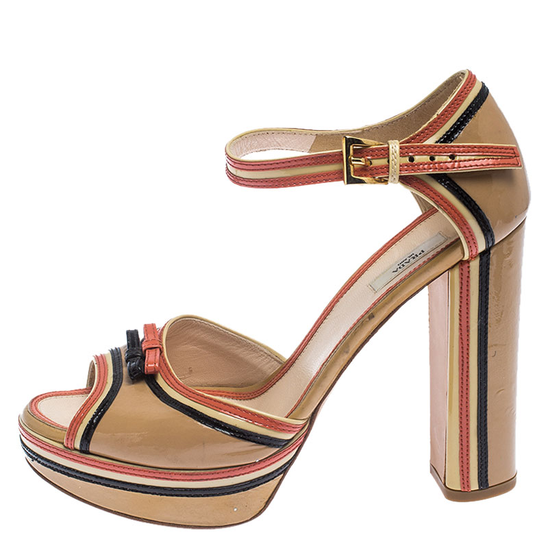 

Prada Beige Patent Leather Bow Embellished Ankle Strap Sandals Size