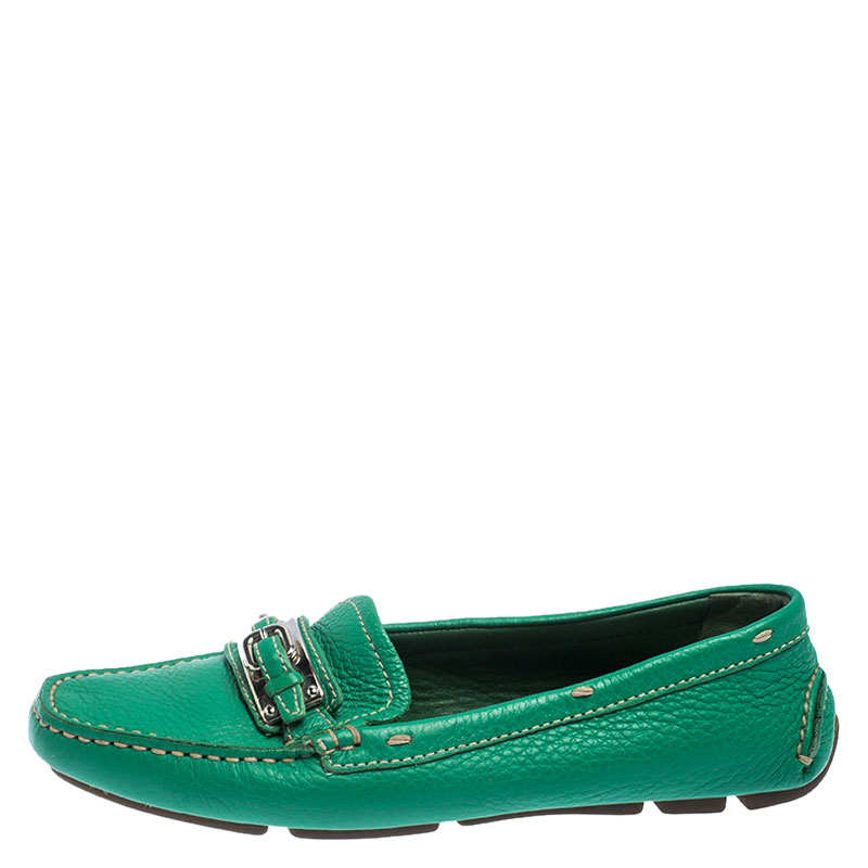 

Prada Green Leather Buckle Detail Slip On Loafers Size